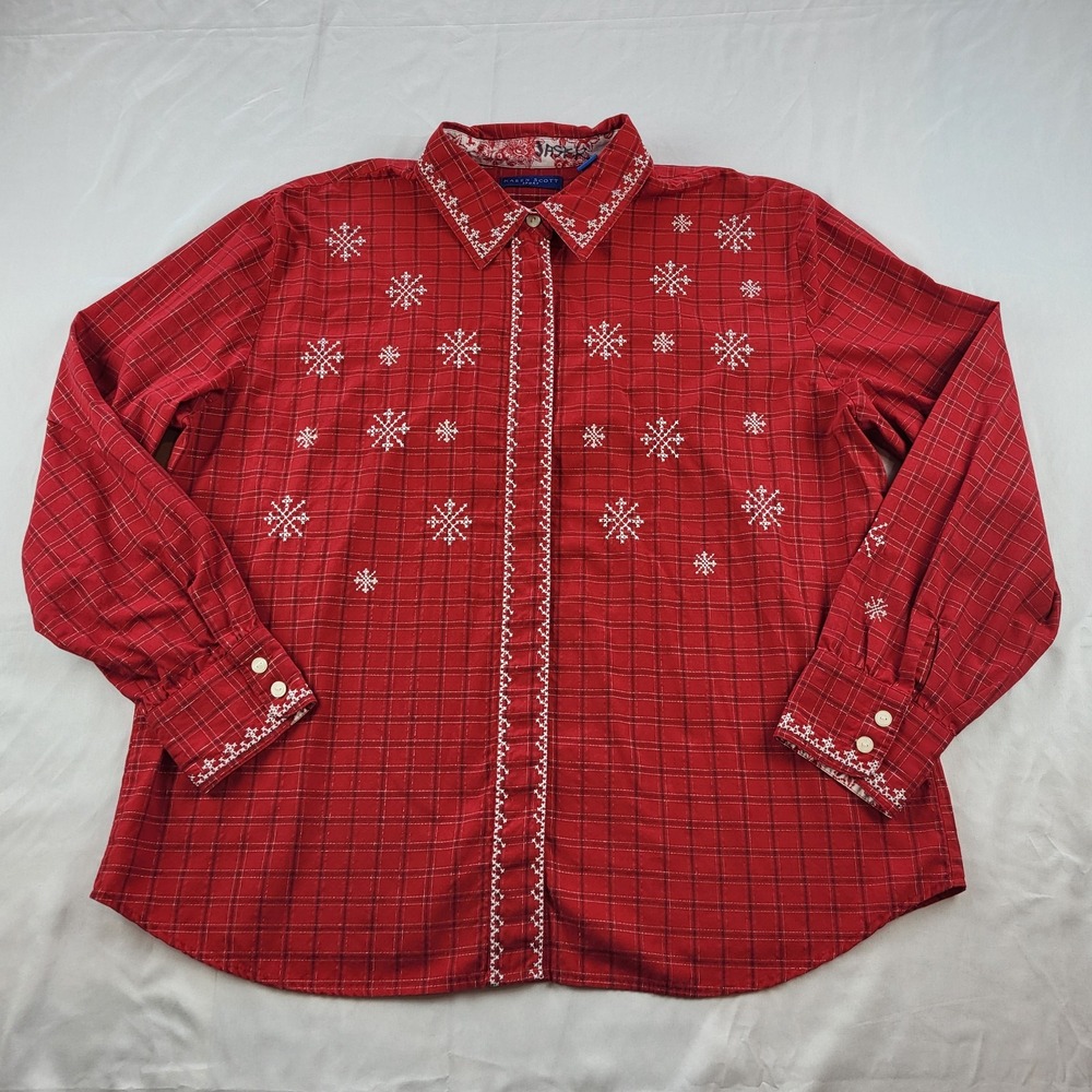 Karen Scott Sport Blouse Red Metallic Plaid Christmas Embroidered Snowflake XL